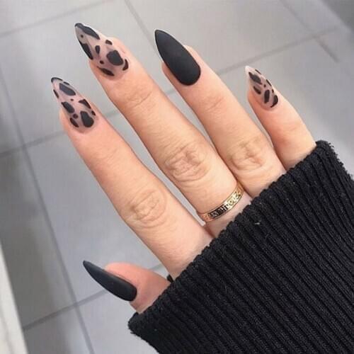 24pcs stiletto false press on nails matte Black color Leopard Wear Finished product wearable full cover acrylic nails products