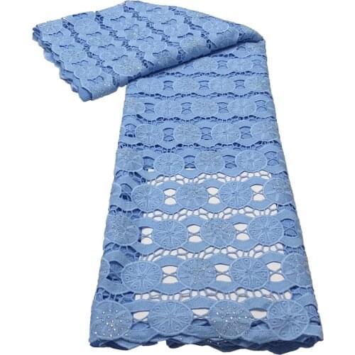 Newest Blue African Guipure Cord Lace Fabric High Quality French Water Soluble Cord Lace Fabric With Stones For Nigerian Dress