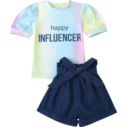 New Kids Girls Clothes Sets Letter Tie-Dye Printed Puff Sleeve T Shirts Bow Shorts 2pcs Set