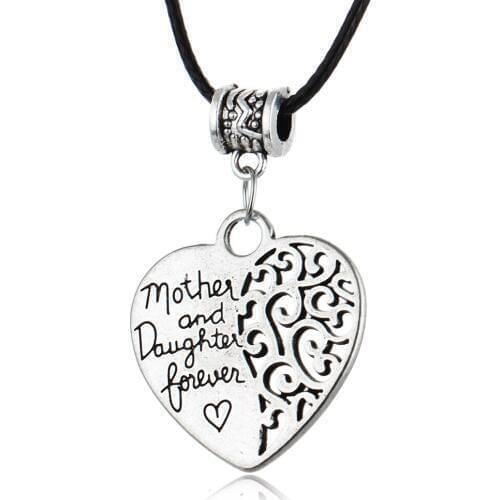 24PC/Lot Gothic Hollow Heart Mother And Daughter Forever Pendant Necklace Love Family Women Vintage Beads Leather Charm Jewelry