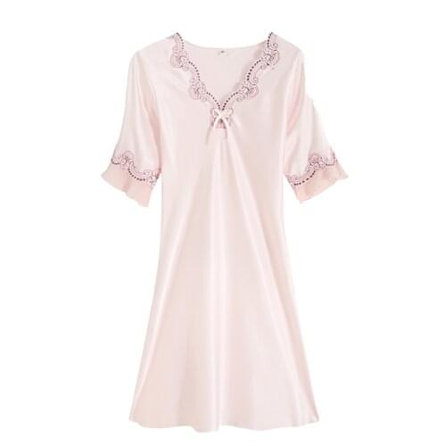 Pajamas Women Spring Summer Thin Section Artificial Silk Short-Sleeved Lace Sexy Large Size Ice Silk Nightdress Home Service462