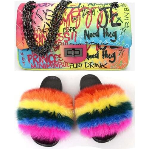 Womens Fashion Graffiti bag Ladies Fox Fur Slides Indoor Non-slip Slippers Fluffy Fur Sandals Cute Plush Shoes Shoulder Bag Hot