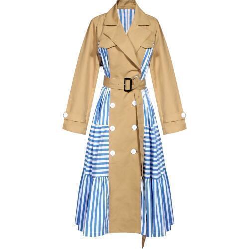 Blue Striped Patchwork Khaki Trench Coat Women Original Design Runway Long Sleeve Belt Windbreaker Hot Sale