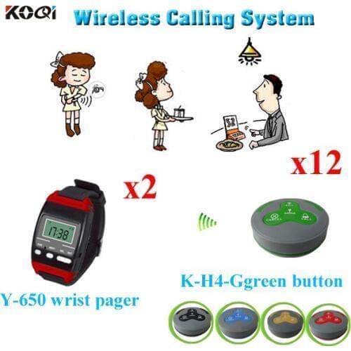 Waiter Call System Wrist Watch Pager + Waterproof Call Button For Restaurant ( 2pcs wrist watch + 12 pcs call buzzer Bell)