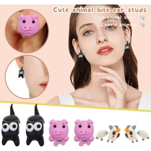 Trendyland Cartoon Tadpole/Pig/Goat Animal Bite Ear Studs Earrings Fashion Jewelry Cute Stud Earrings Best Gifts For Friend