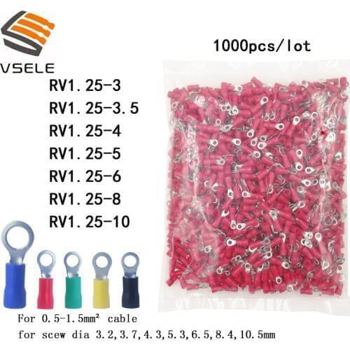 VSELE 1000PCS/pack ring crimp insulation terminal RV1.25-3 RV1.25-4 RV1.25-5 RV1.25-6 8 10 for 0.5-1.5mm2 wire cable connector