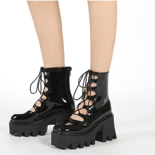 Platform Boots High Heels Cross-Tied Hollow Out Gothic Style Black Shoes For Women Martin Boots demonia boots platform shoes