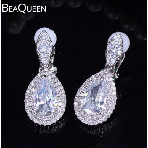 BeaQueen New Big Water Drop Cubic Zirconia Clip On Earrings Without Piercing No Hole Ear Clip Jewelry for Women Wedding E152