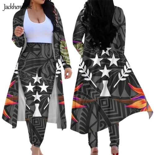 Jackherelook Kosrae Polynesian Hibiscus Leaf Print Women Long Sleeve Open Front Cardigan Bodycon High Waisted Long Pants Set