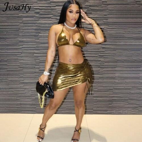 JuSaHy Y2K Solid Gold Ice Silk Vintage Sexy Crop Top Bra Skirt Two ​Piece Set Summer Women Holiday Bright Party Night Clubwear