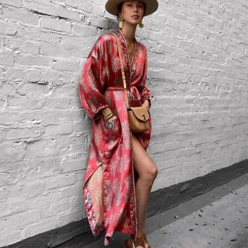 Long Sleeve kimono Long Dresses Women Cover Up Vintage Satin Red Floral Print Autumn Vestidos boho Side split 2021 Robe