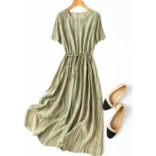 Womens 100% Silk luxury Fashion Heavy Long Dress Half Sleeve Elegant Round Neck Fashion Irregularity Stripe One Size L1196