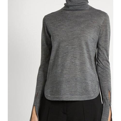 100% Merino Wool 2021 Womens Turtle Neck Cuff Split With Button Closed Pullover Cardigan