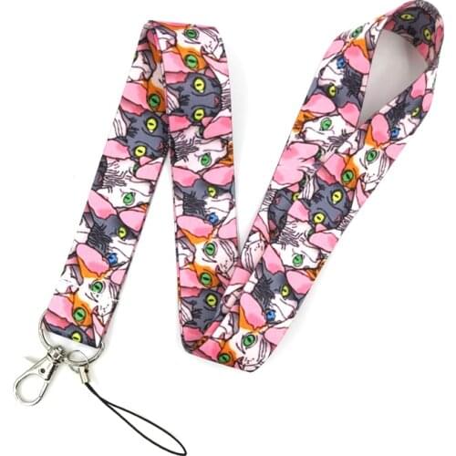 30pcs Hairless Sphynx Cat Keychain Lanyard Id Badge Holder ID Card Pass Gym Mobile Phone Badge Holder Key Strap webbings ribbons