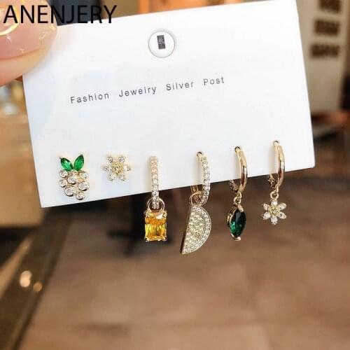 ANENJERY Silver Color Flower Hoop Earrings Sets Micro Inlaid Cubic Zircon Earrings For Women Summer Jewelry 6-piece Sets