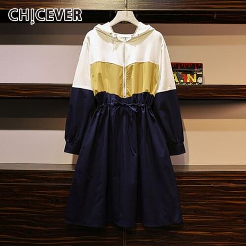 CHICEVER Patchwork Hit Color Dress For Women Hooded Lantern Sleeve High Waist Sashes Plus Size Casual Dresses Female 2020 Autumn