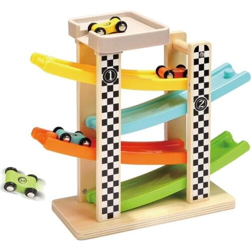 Wooden Track Car Toys Gliding Cars Race 4 layers Slider Ladder Slot Track Play set for Kids Turn back Ramp Car Racing Games Gift