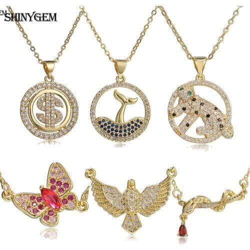 Lovely Fashion Necklace For Women Micro Zircon Inlaid Eagle Money Butterfly Cheetah Snake Fish Copper Gold Plating Chain 15-22mm