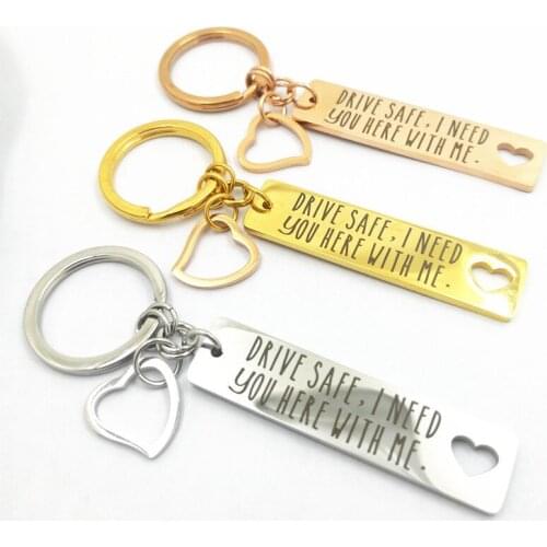 MYLONGINGCHARM Drive Safe I need you here with me-Stainless Steel Key Chain-Hollow Cutout Heart-Rosegold Gold Steel color G3171
