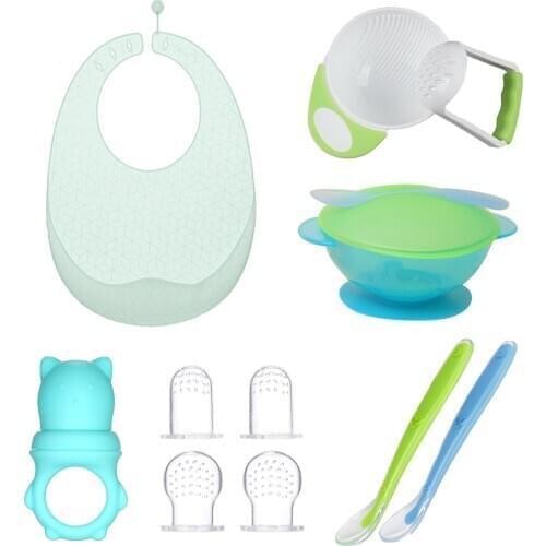 Pack of 9 Baby Feeding Set Temperature Sensing 150ml Food Masher Bottle Brush Squeeze Bottle Silicone Suction Bowl with Spoon