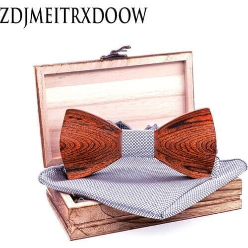 Solid Color 3D Grid Wooden Bow Tie Handkerchief Set For Mens Wedding Corbatas Para Hombre Novelty Accessory Ties and Box