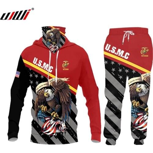 UJWI Autumn Winter New Fitness Sports Jogging Clothes Men Gyms Casual USA American Eagle Stand-Up Collar Zipper Jacket Suit