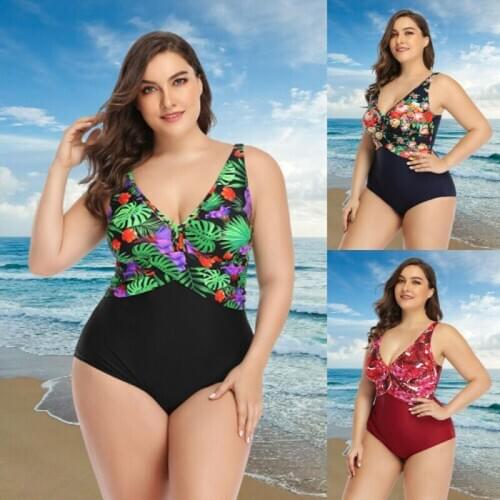 Sexy Women One-Piece Suits Swimwear One-Piece Bikini Set Push Up Padded Swimsuit Plus Size Deep V Neck Print Patchwork Wrape