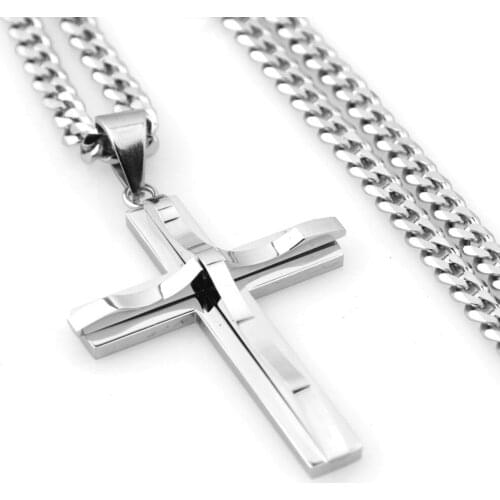Granny Chic Cross Pendant Mens Necklace Stainless Steel Curb Cuban Link Chain Silver Color Jewelry For Men Women