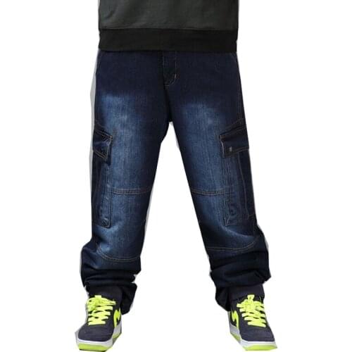 Dark blue loose loose denim jeans mens wide-leg pants casual plus size streetwear hip-hop denim pants