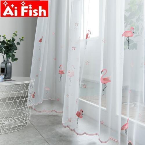 Pink Lace Bottom Flamingos Embroidered Voile Tulle Curtains for Children Bedroom Gray High-grade Blackout Curtains Panel wp238#3