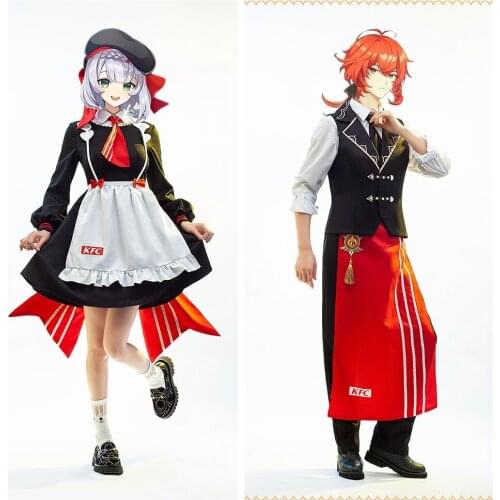 Game Genshin Impact Joint KFC Waiter Uniform Diluc Noelle Cosplay Costume Anime Project Maid Clothes Lolita Dress Halloween Suit
