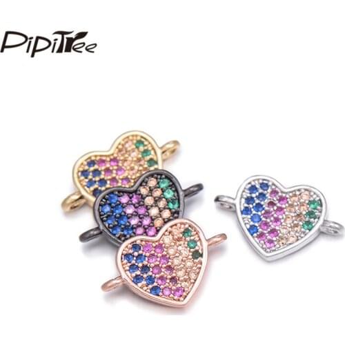 Pipitree Gorgeous Micro Pave CZ Zircon Heart Charms Beads fit Bracelet Copper Gold Color DIY Charms for Jewelry Making Connector