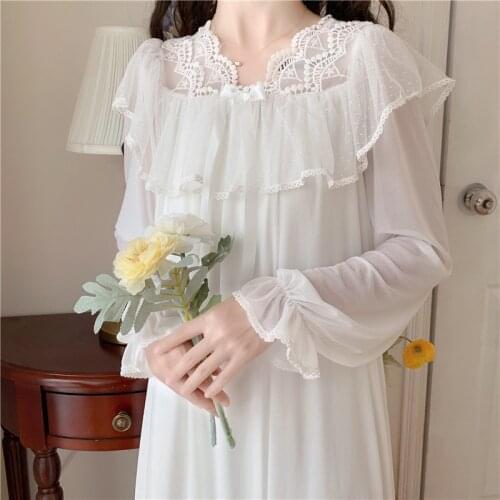 Victorian Vintage White Nightgown Women Nighty Mesh Lace Lolita Night Dress Princess Peignoir Robe Womens Sleepwear Lounge Wear