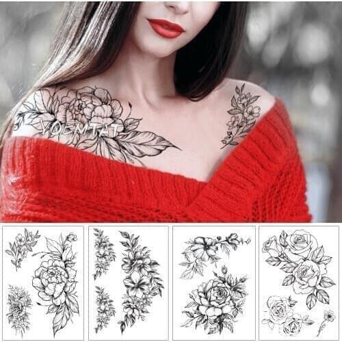 Temporary tattoo black flower tattoo sleeves water transfer tatoo sticker peony rose tattoos body art sexy tatoo girl arm tatto