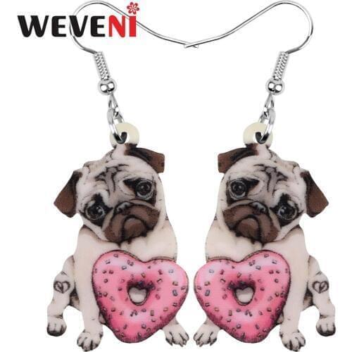 WEVENI Acrylic Valentines Day Donuts Bulldog Pug Dog Earrings Animal Drop Dangle Jewelry For Women Girl Teen Kid Gift Accessory