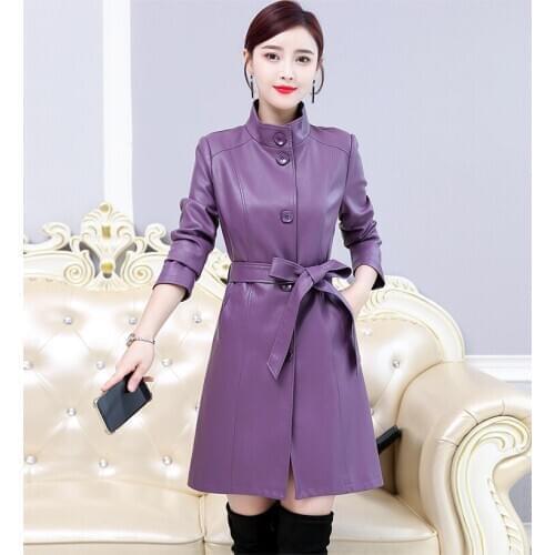 2020 Spring Autumn Real Leather Coat womens Plus Size Stand collar Long Parker Women Windbreaker Jacket Female Belt jacket 7XL