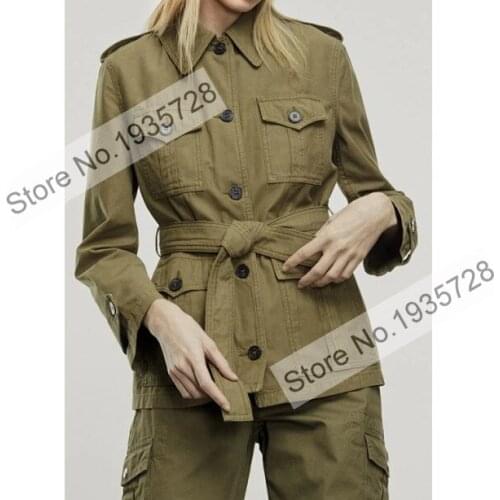 Ladies Lapel Tooling Style Amry Green Jacket Outerwear Top With Waist Ties