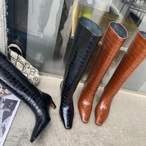 New women boots High quality shoes woman fashion high heels autumn winter knee high boots square toe black brown long boots 40