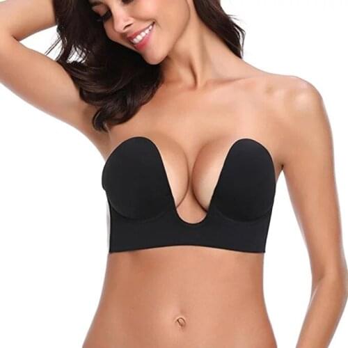 Women Sexy Backless Plunge Bra Strapless Seamless U Shape Adhesive Silicone Invisible Stick On Push up Wire Free Bra