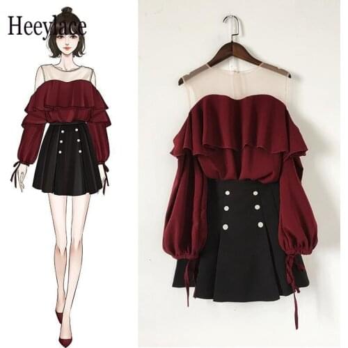 Women Sweet Red Off Shoulder Mesh Ruffles Patchwork Long Sleeve Blouse And Black Shorts Skirts Two Pieces Sets Korean Outfiuts