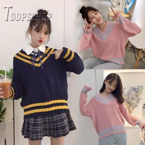 2019 Korean Preppy Style V Neck Women Sweater Loose Pullover Long Sleeve Autumn Winter Female Sweaters