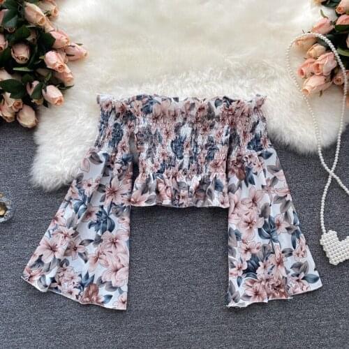 2021 summer sweet fungus side neckline strapless trumpet sleeve stretch slim short top womens summer dress