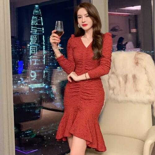 Sheer Woman Winter Dress 2021 V-neck Long Sleeve Corset Trumpet Ruched Dress Ladies Midi Red Elegant Dress for New Year Party