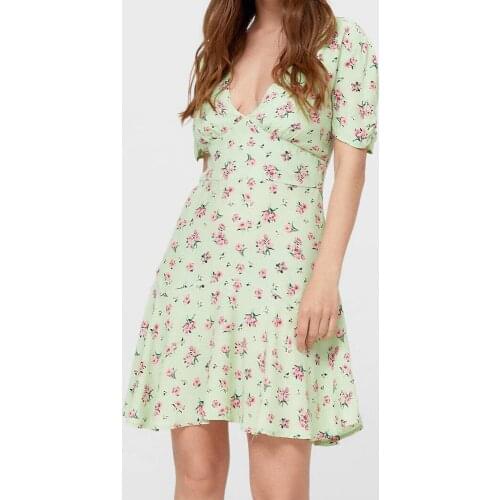 Summer women holiday Printed floral tunic Dress v neck puff sleeve Mini Dresses small fresh sweet Slim A-Line Flower Vestidos