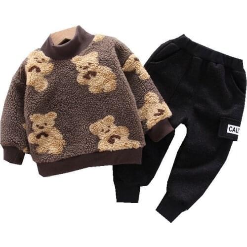 Baby boys winter clothes sets toddler cute thick velvet t-shirt pants 2pcs tracksuits for bebe girl children casual warm suits