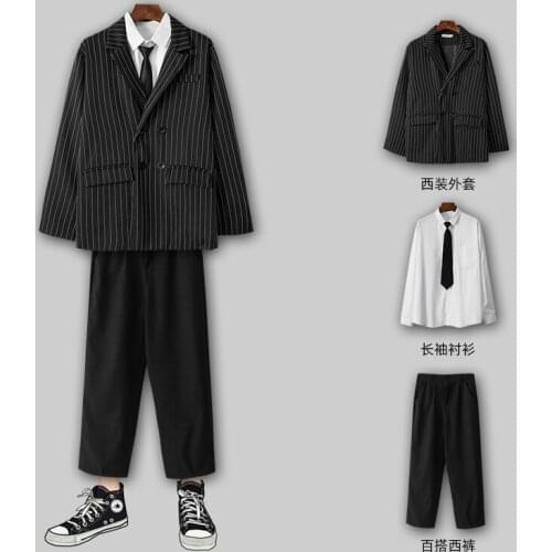 Fashion Mens Casual Striped Blazers Jacket Double Breasted Suit Coat Trousers White Shirt 3 Pcs Set Suits College Style M98