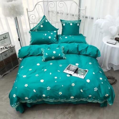 Lovely Blue Heart Egyptian Cotton Embroidery Luxury Royal Bedding Set King Queen Bed Sheet set Duvet cover Pillowcase 4/6pcs