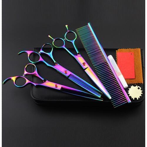 4 kits Rainbow 440c pet 7 inch shears hair clipper dog grooming cutting hair scissors thinning barber hairdressing scissors set