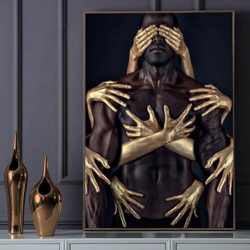African Art Black Gold Nude Man Canvas Painting Modern Wall Art Posters and Prints Canvas Pictures for Living Room Wall Decor