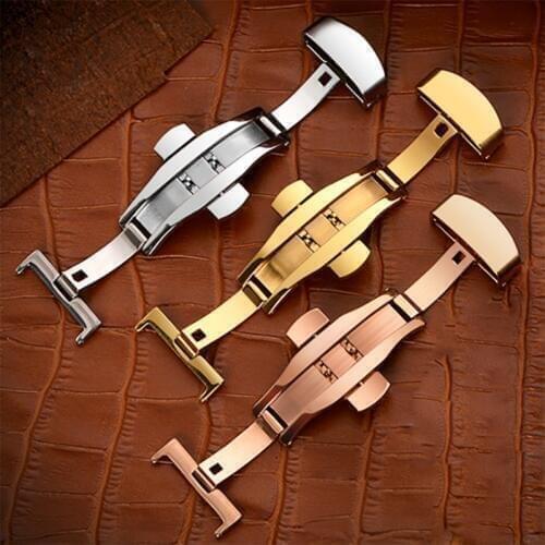 Stainless Steel Automatic Double Click Butterfly Buckle Push Button Fold Clasp 16 20 22 24mm Watchbands Accessories